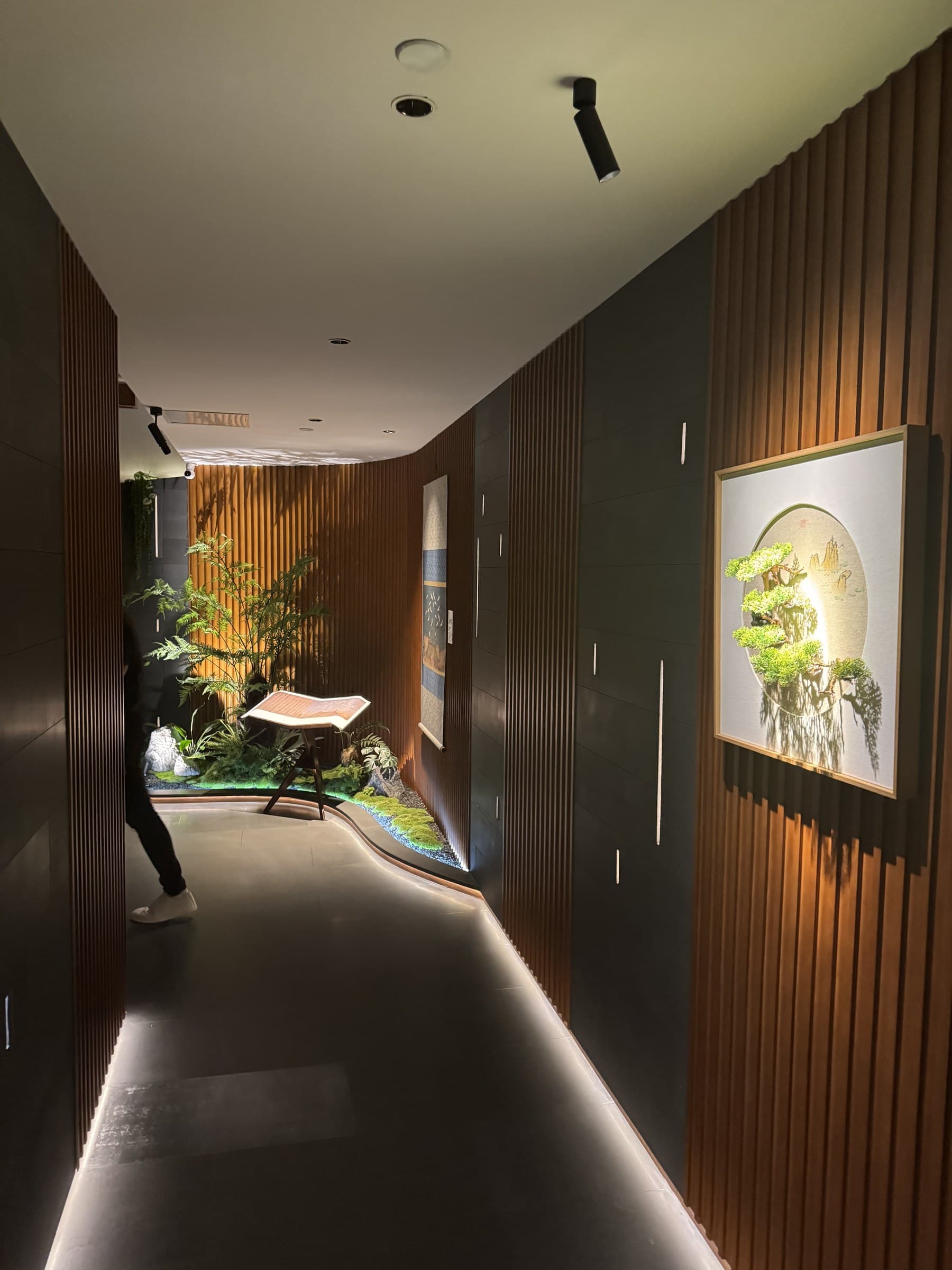 A modern hallway with wooden slatted walls and dark panels, featuring a decorative plant display and a framed artwork, illuminated by recessed lighting and a strip light along the floor.